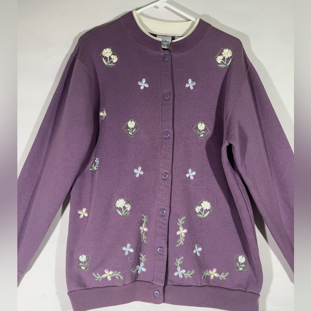 BAXTER & WELLS LARGE EMBROIDERED FLORAL CARDIGAN COTTAGECORE LAVENDER PREOWNED